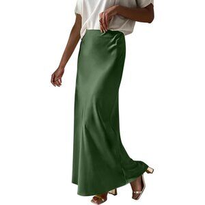 Women Army Green Maxi Dressy Casual Zipped High Waisted Silk Elegant Long Skirt